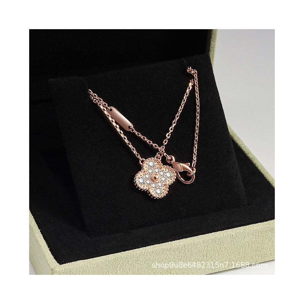 (Rose gold [Full diamond style] necklace, High version) High version 18k gold pendant, collarbone chain, four-leaf clover necklace, red chalcedony, wh