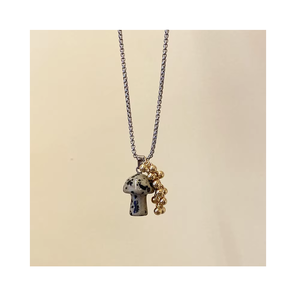 (A) Spotted Tiger Eye Stone Mushroom Pendant Long Versatile Clavicle Chain Necklace for Women's Niche Exquisite Accessories