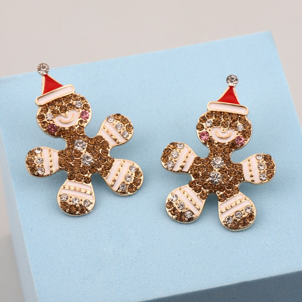 Creative Cartoon Snowman Alloy Diamond Earrings, Pearl Funny Earrings, Christmas Cookie Man Earrings with White Rhinestone
