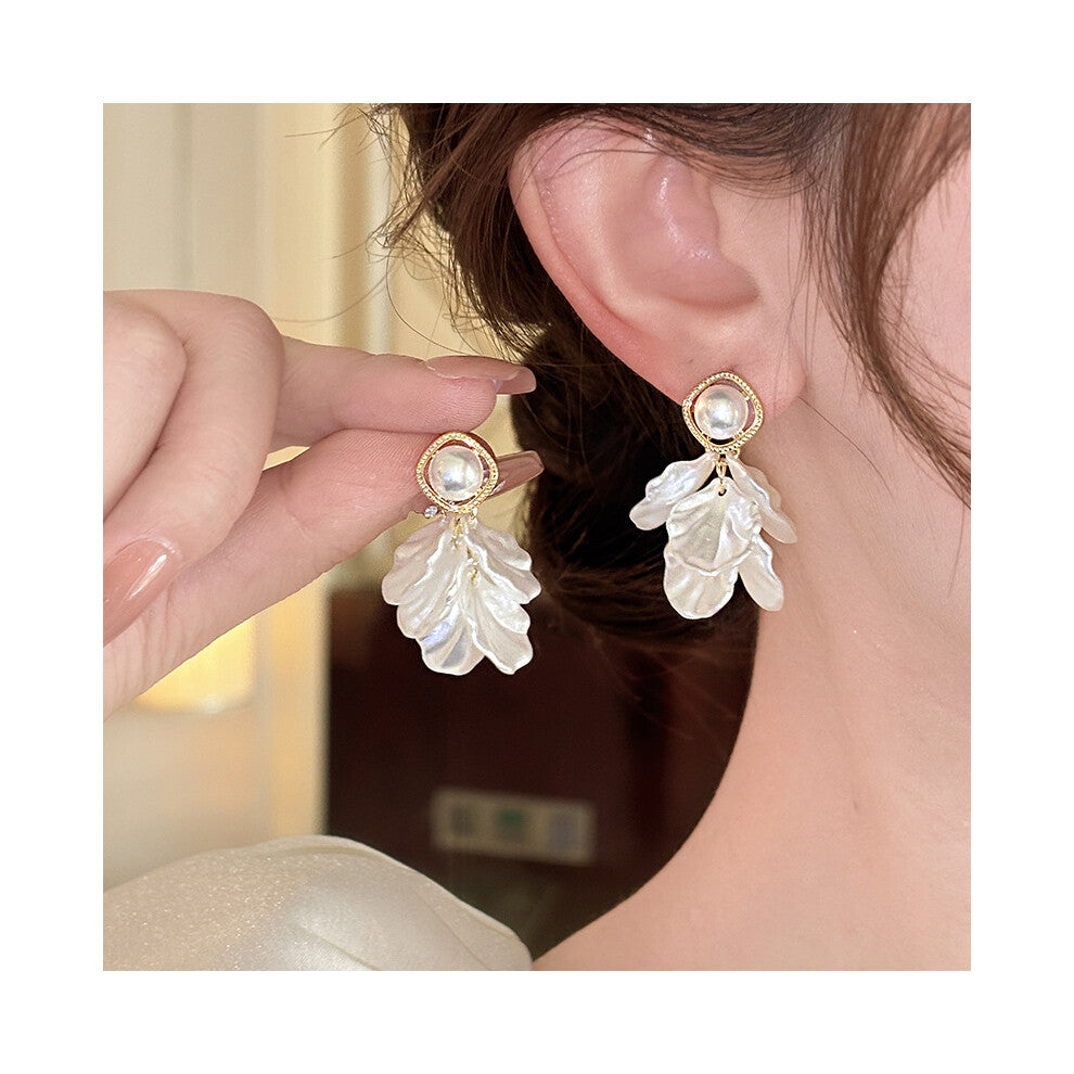 Silver Needle Letter Zircon Petal Tassel Earrings Square Pearl Petals Light Luxury