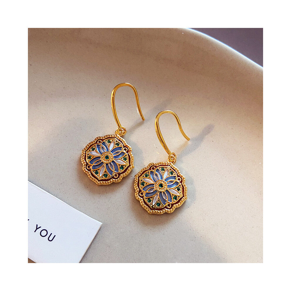 Medieval Enamel Pattern Earrings, Niche Retro Design, Light Luxury High-End Ear Hooks, All-Match Accessories