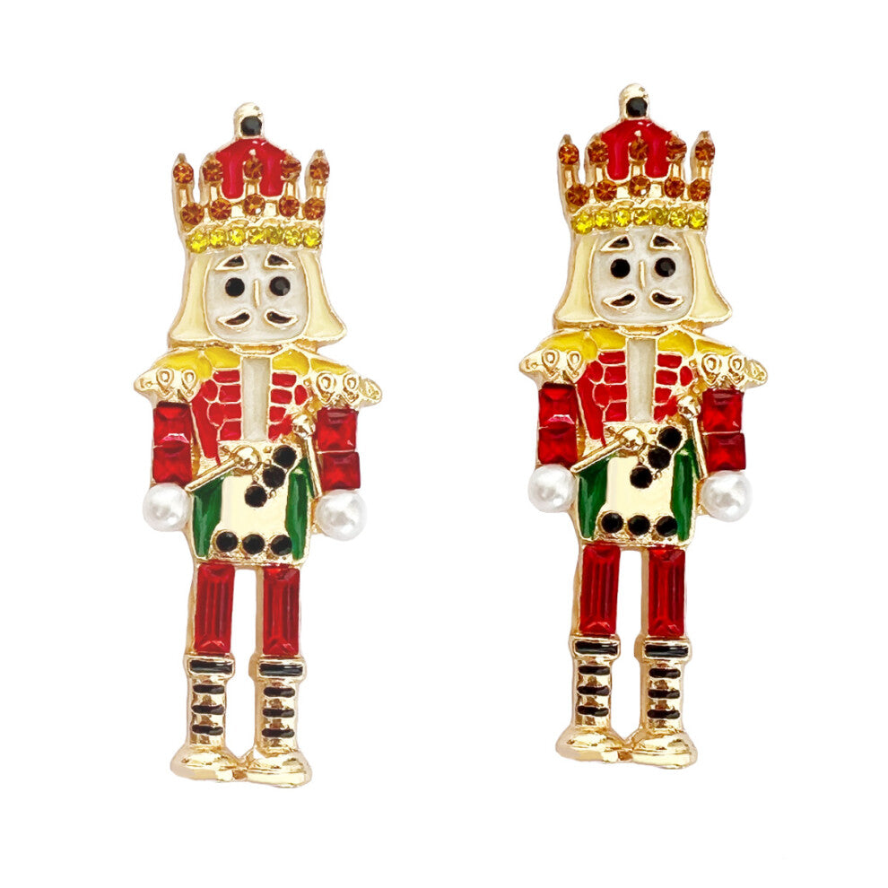 Creative Alloy Diamond Dripping Nutcracker Soldier Women's Earrings Red