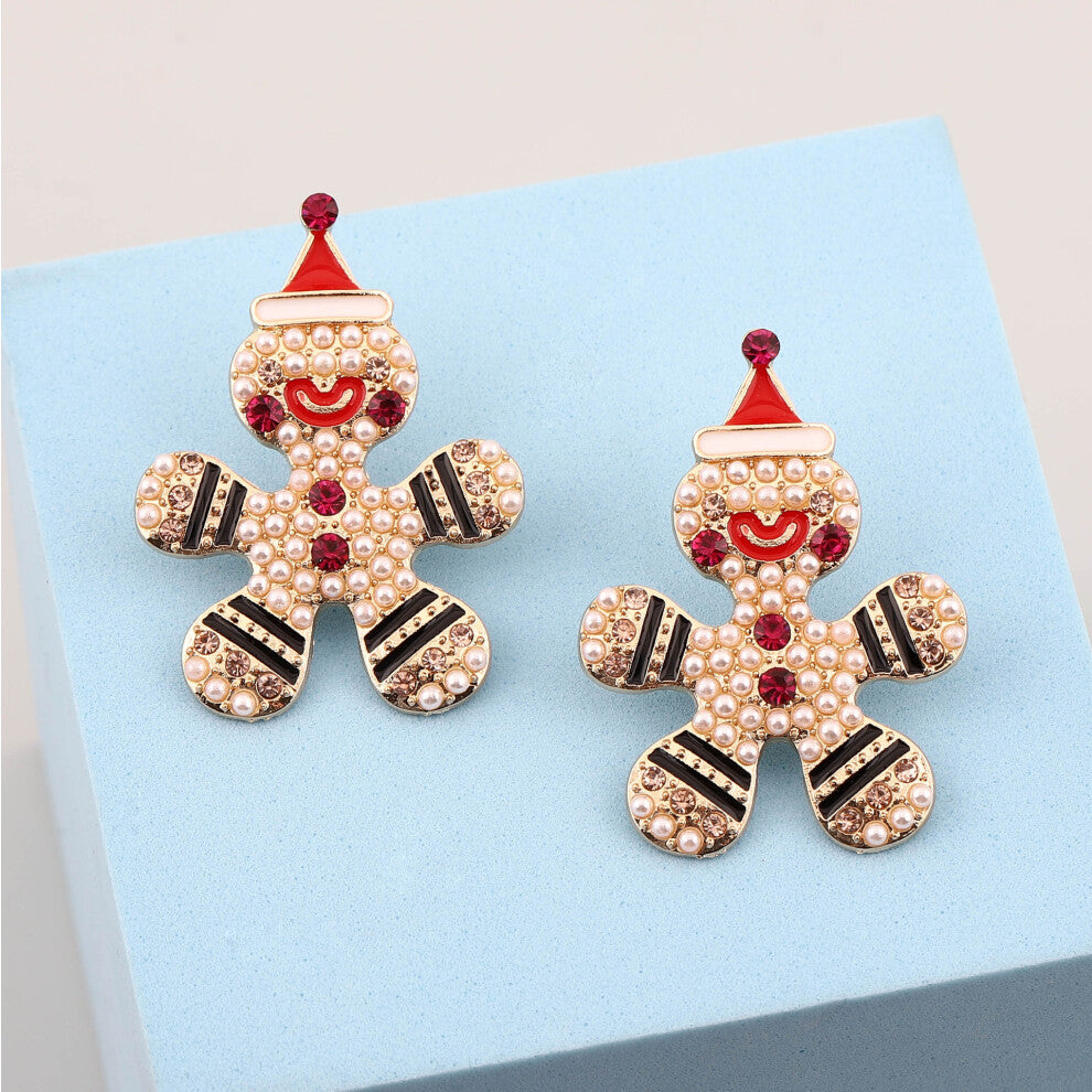 Creative Cartoon Snowman Alloy Diamond Earrings, Pearl Funny Christmas Cookie Man Black Pearl