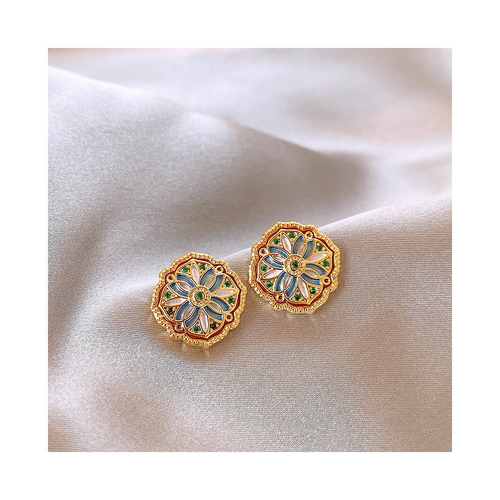 Medieval Enamel Pattern Earrings, Niche Retro Design, Light Luxury High-End Ear Hooks, All-Match Accessories