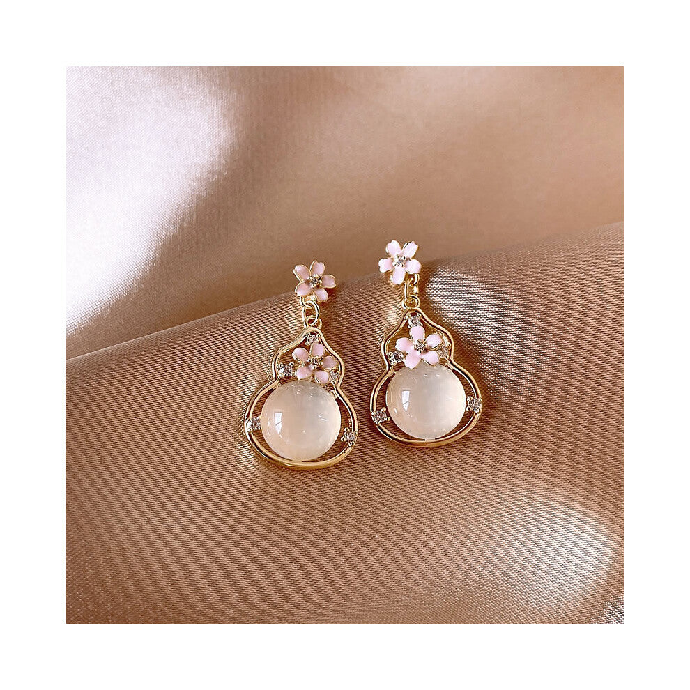 Medieval Enamel Pink Flower Gourd Earrings, Retro Niche Design, Light Luxury Ear Hooks, All-Match Accessories