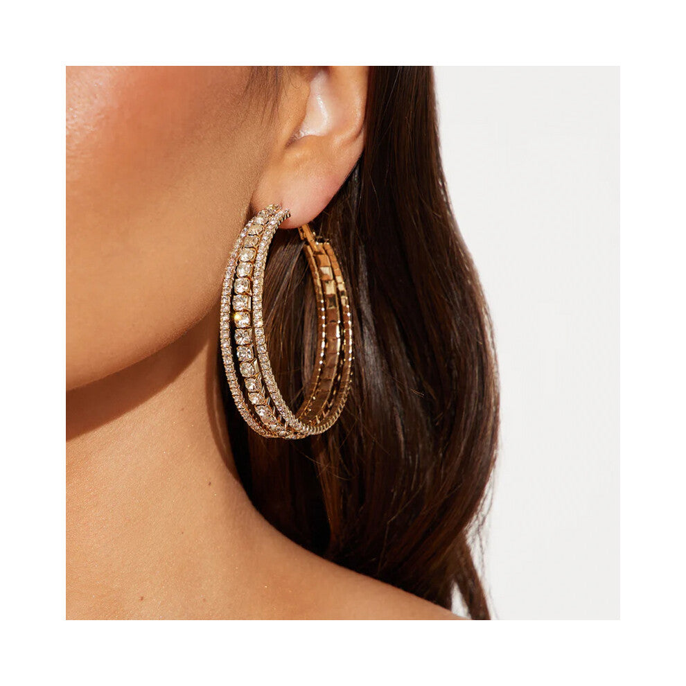 Hot Selling Multi-Layer Hoop Earrings with Exaggerated Rhinestones, Creative Retro Silver Accessories for Women
