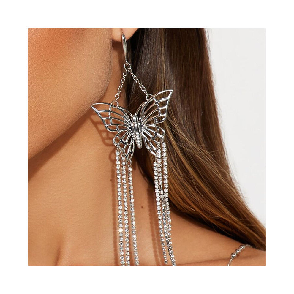 Exaggerated Metal Butterfly Rhinestone Tassel Earrings Street Style Gold Accessories for Women