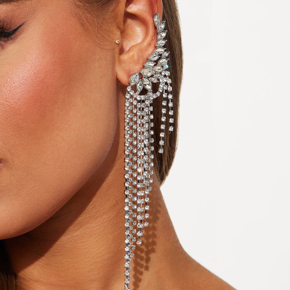 Hot Selling Long Tassel Ear Bone Clip Rhinestone Earrings Full Diamond Women's Silver Accessories