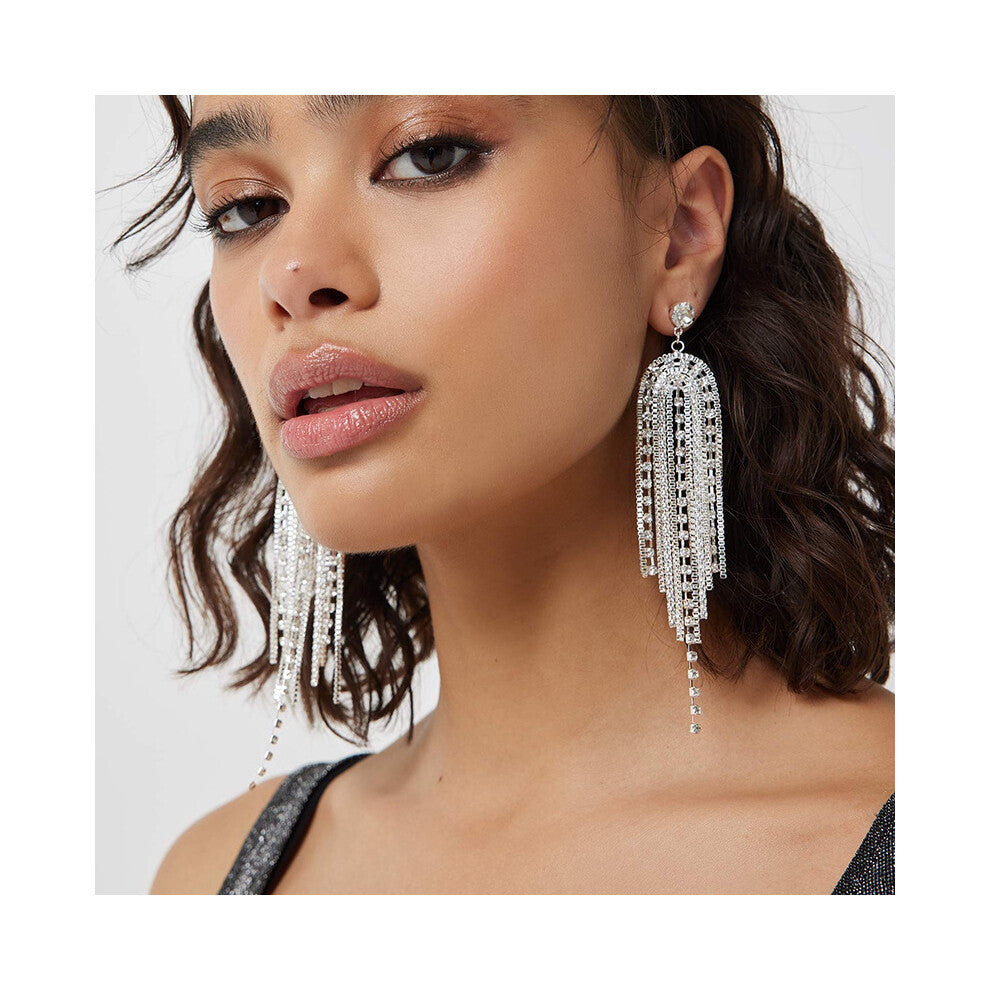 Exaggerated Rhinestone Tassel Earrings Gold Long Elegant Women's Accessories