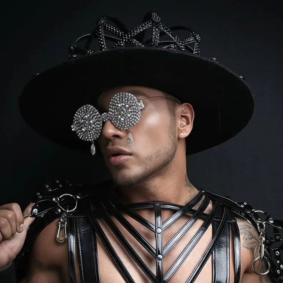 Foldable Rhinestone Round Glasses Frame Hip Hop Catwalk Accessories Gold