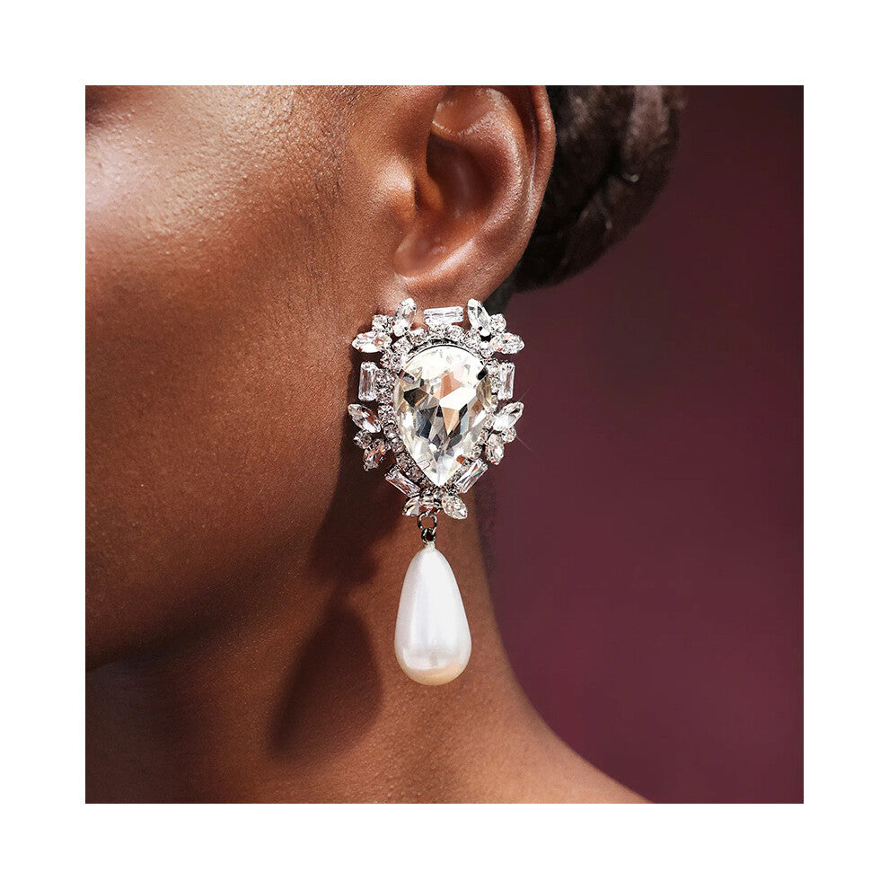 Water Drop Earrings Exaggerated Rhinestone Pendant Stage Performance Accessories for Women Silver