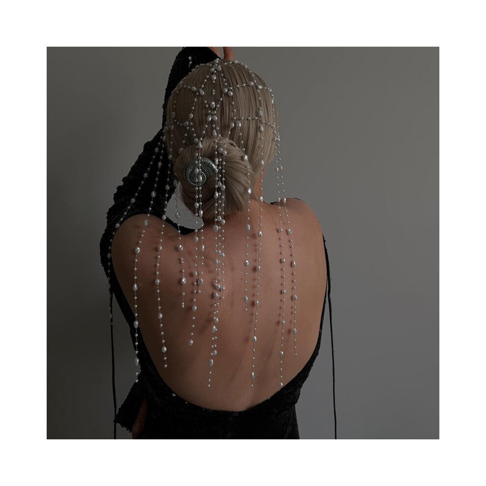 Silver Pearl Tassel Headband Mesh Hair Chain Bride Accessories for Women