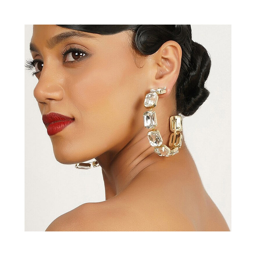 Exaggerated Shining Rhinestone Hoop Earrings Retro Silver Accessories for Women