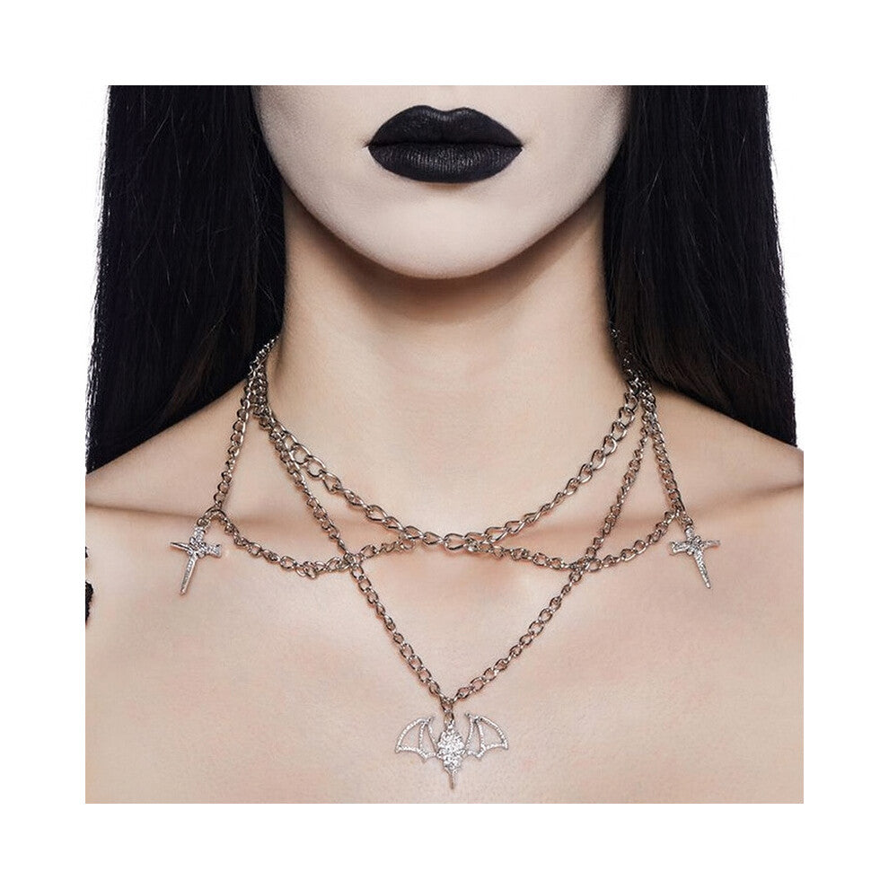 Hot Selling Bat Necklace Halloween Rhinestone Clavicle Necklace Dark Series Women's Accessories T1 Silver