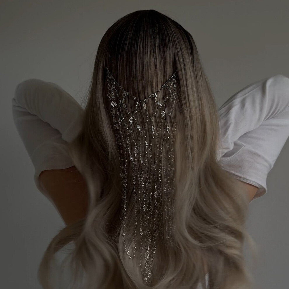 Mesh Tassel Comb Niche Design Rhinestone Hair Chain Bridal Accessories Silver