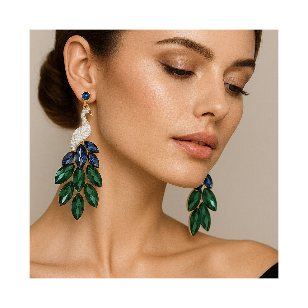 Ethnic Peacock Earrings Exaggerated Rhinestone Indian Retro Silver Accessories for Women