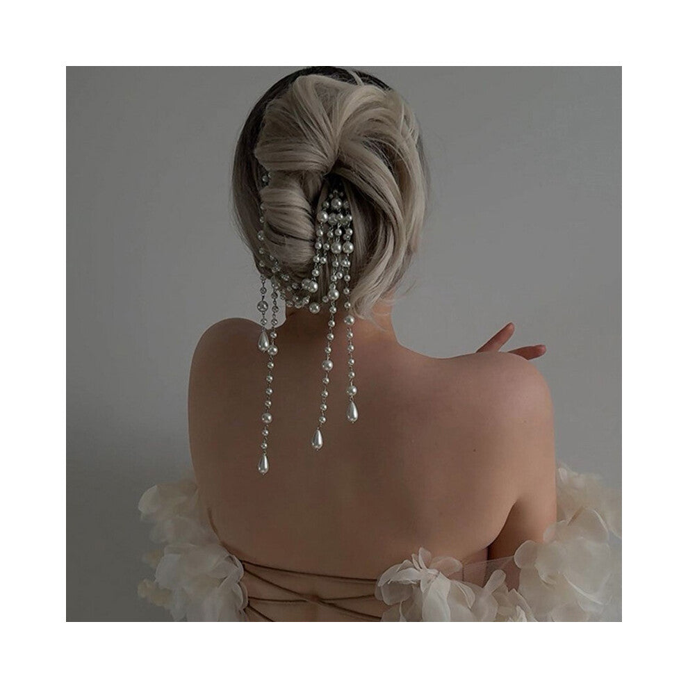 Tassel Pearl Hair Chain Bridal Headdress Clip Silver Accessories for Women