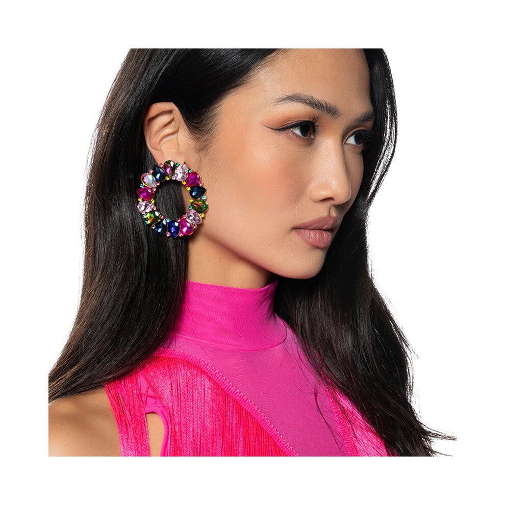 New Round Colorful Rhinestone Earrings, Super Flash Street Style Silver Accessories for Women