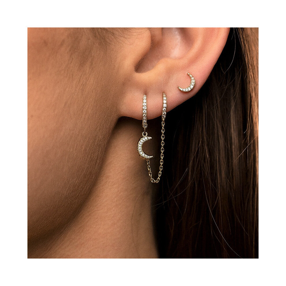 Hot Selling Moon Double Earrings Simple Rhinestone Chain One-Piece Earring Accessories Star Silver-Plated (Single)