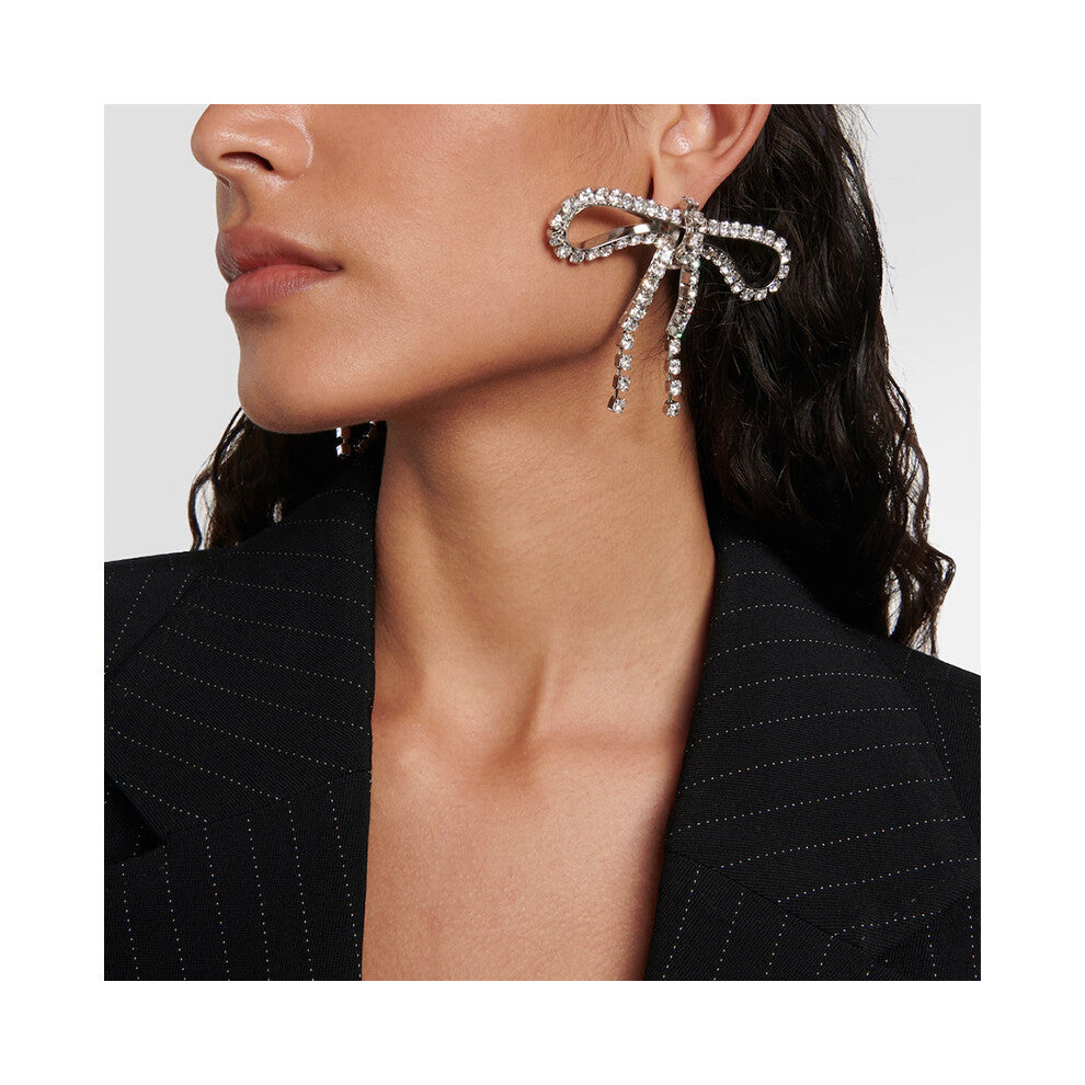 New Bow Tassel Earrings Simple Rhinestone Design Silver Women's Accessories