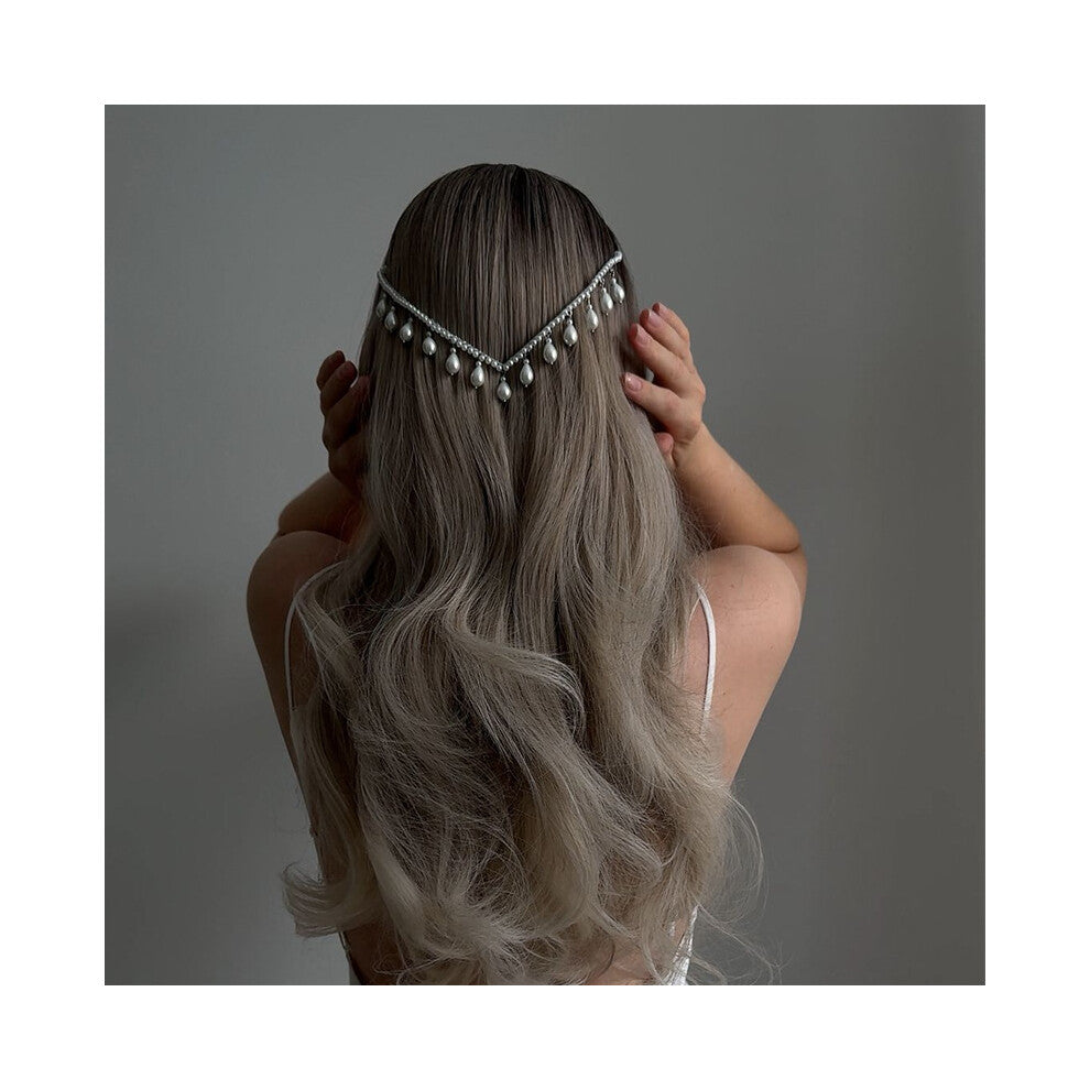 New V-Shaped Headband with Water Drop Pearl Pendant and Comb, Elegant Silver Accessories