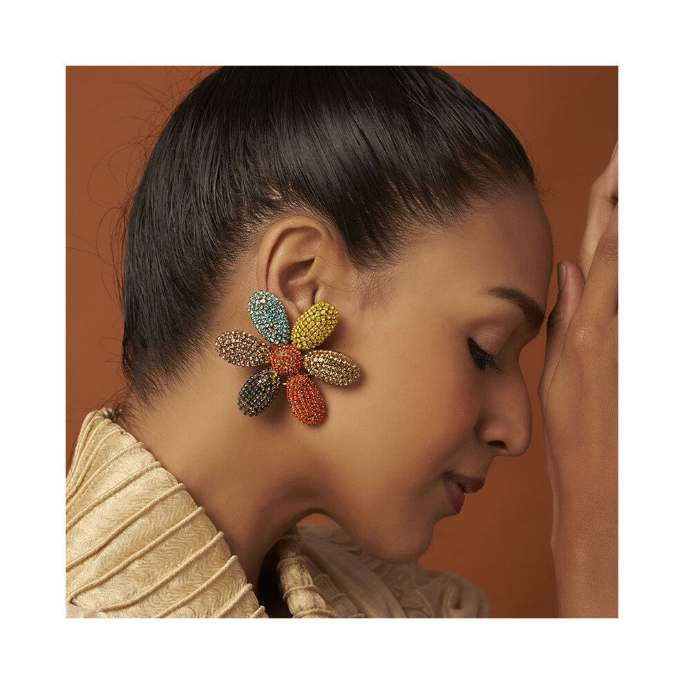 Colorful Flower Rhinestone Earrings Exaggerated Party Accessories for Women Gold
