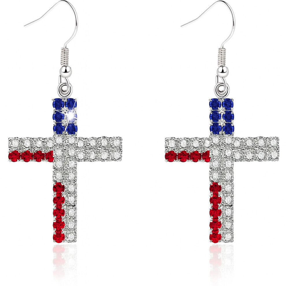 Hot American Flag Rhinestone Cross Earrings Gold Plated Women's Accessories