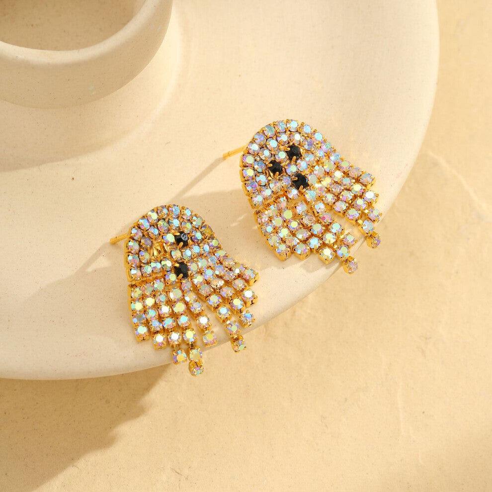 Ghost Tassel Earrings with AB Diamonds Halloween Personality Trend Gold Accessories