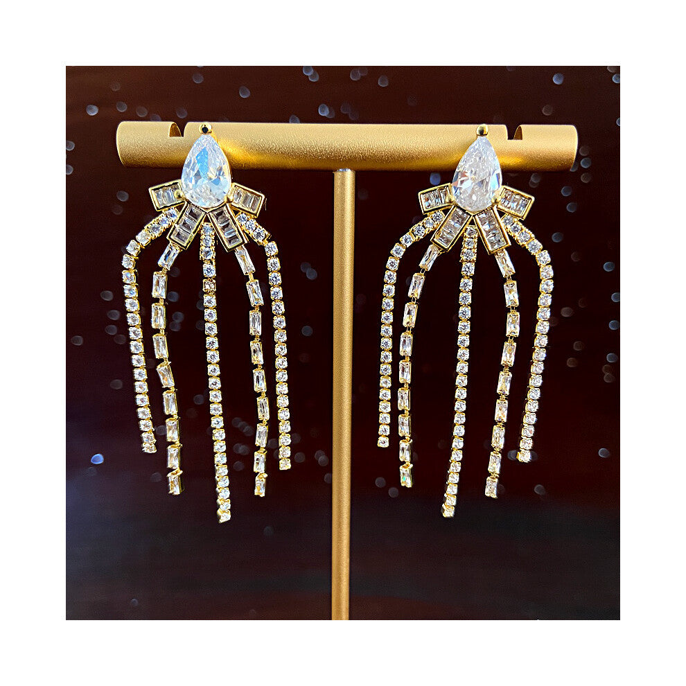 Hot Tassel Zircon Earrings Minimalist High-End Diamond Studded Banquet Dress Accessories Gold Plated