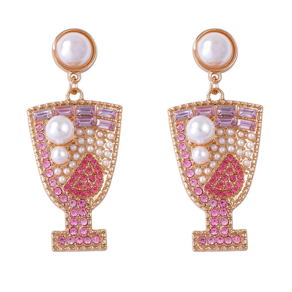 Pink Geometric Diamond Earrings, Cold Wine Glass Pearl Elegant Women's Accessories