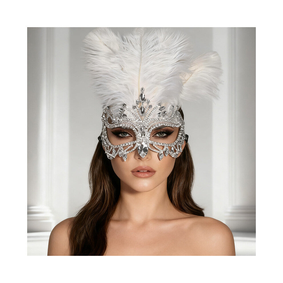 White Feather Geometric Hollow Diamond Mask Silver Plated Stage Performance Accessories