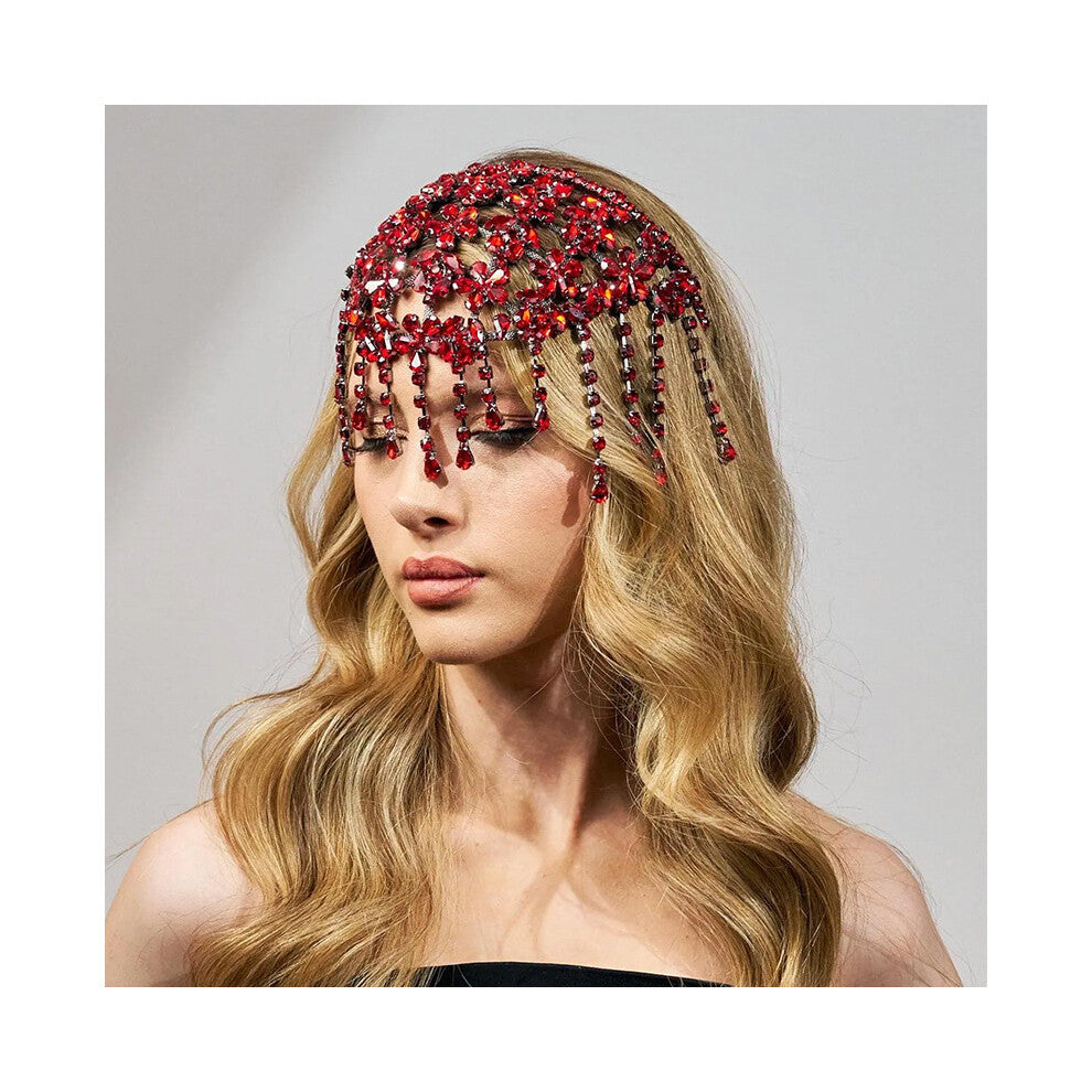 Colorful Tassel Headband with Flower Rhinestone Hair Chain, Gold Plated Stage Performance Accessories for Women