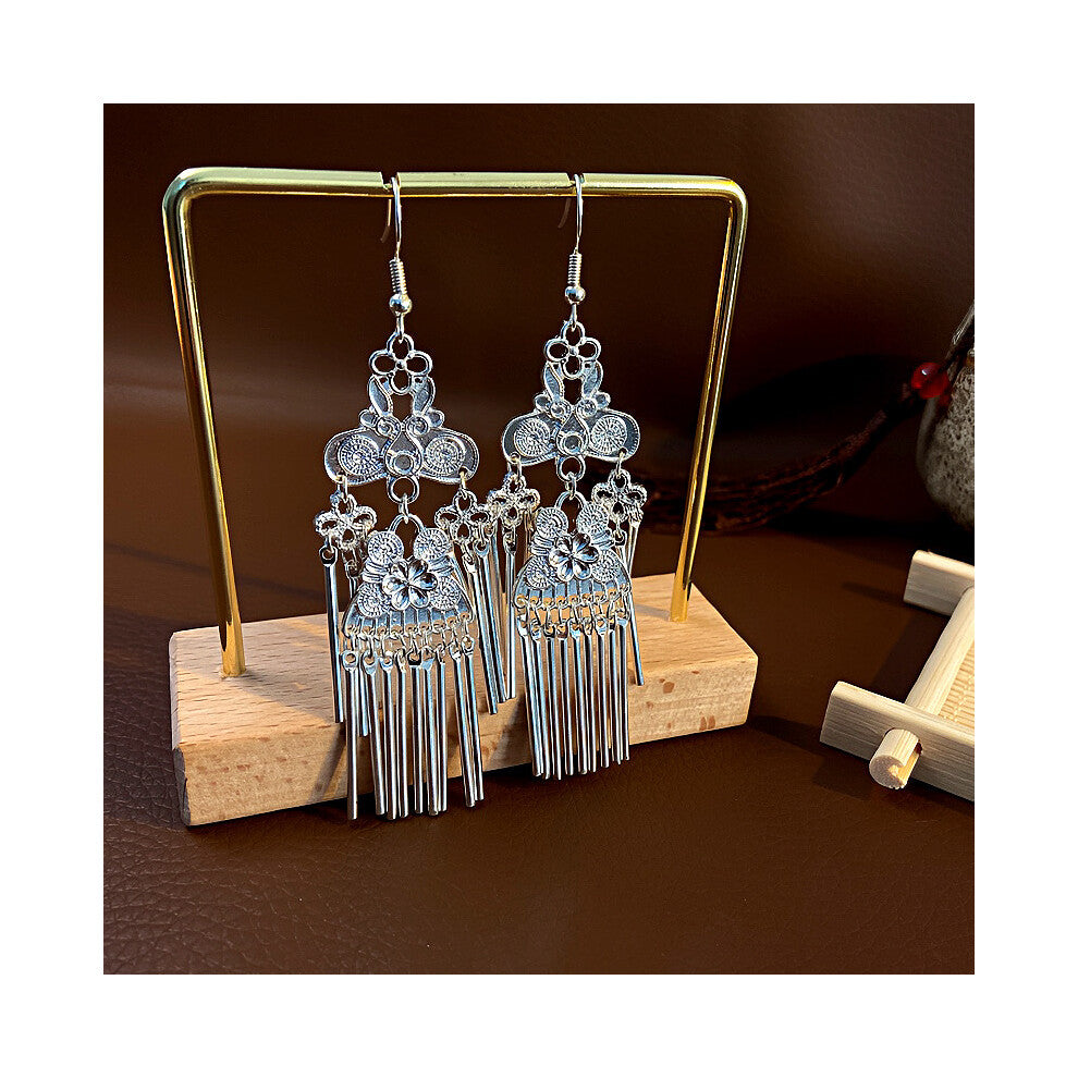 National Style Silver Needle Tassel Earrings for Women, High-End Slim Ear Hooks, New Chinese Hanfu Cheongsam Accessories