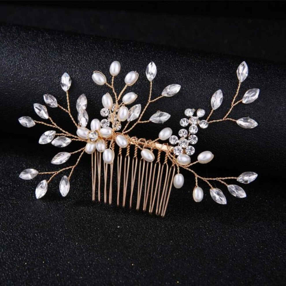 Bridal Hair Comb Crowns Wedding Accessories for Women with Rhinestone and Pearl Tiaras, 24-Inch Charming Hairpieces