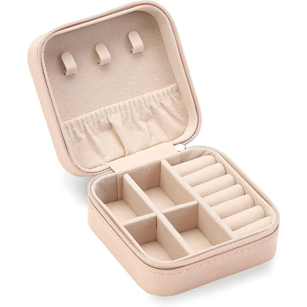 (pink) Travel Jewelry Box, Mini Portable Jewelry Organizer Case - Small Pink Storage Box for Rings, Earrings, Pendants, Watches, Necklaces & Lipsticks