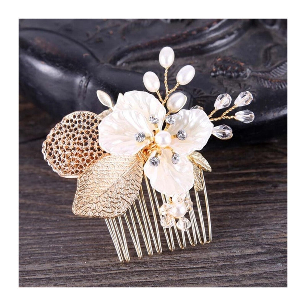Trendy Handmade Tiara Wedding Hair Comb with Leaf and Flower Design, Pearl and Rhinestone Bridal Hair Accessories in Color 13