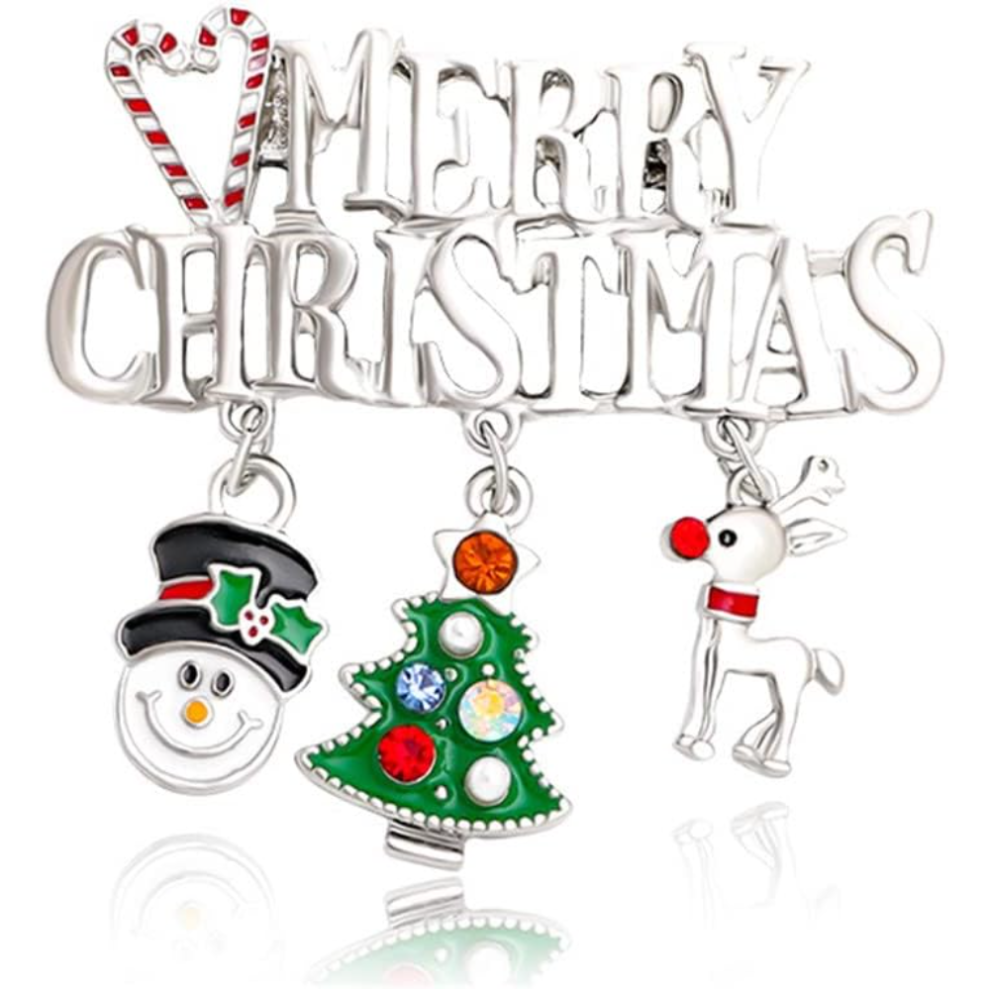 Merry Christmas Enamel Rhinestone Brooch Pin - Xmas Tree, Deer & Snowman Charms, Fashion Lapel Pin for Women Girls, Ideal for Holiday Party & Jewelry