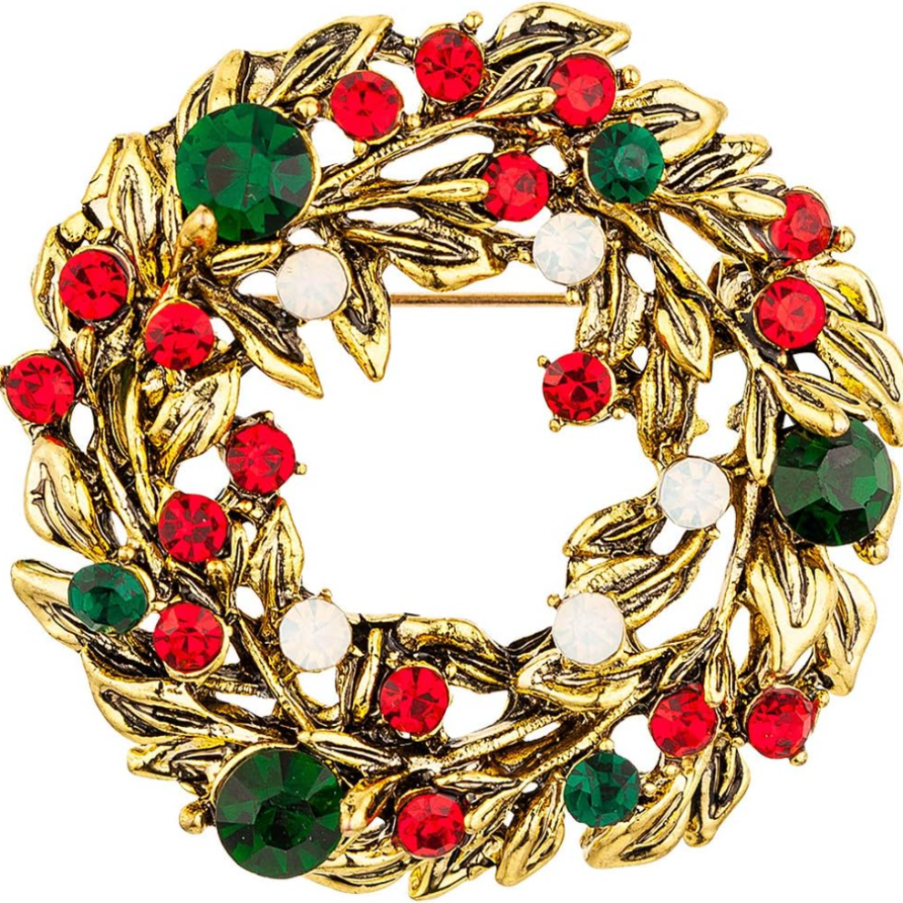 Christmas Brooches for Women - Sparkling Vintage Gold Christmas Wreath Brooch, Cute Christmas Accessories