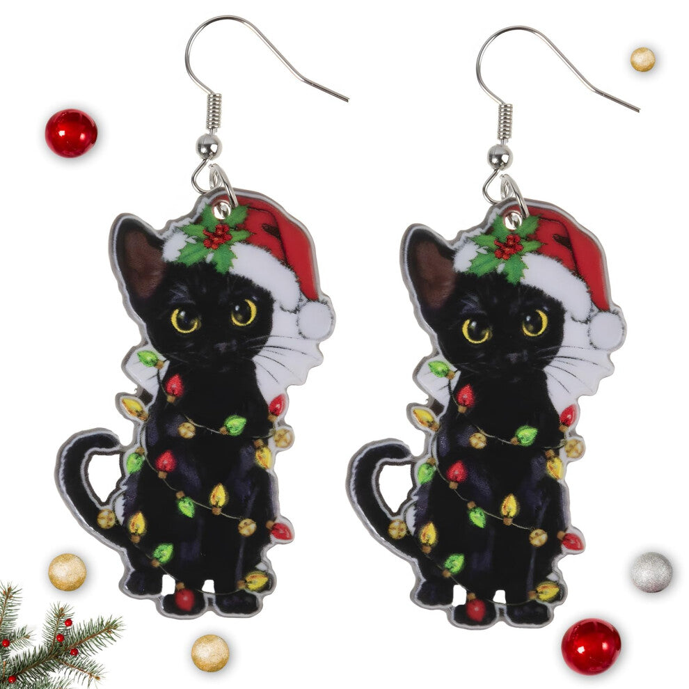 Christmas earrings for women, holiday pendant earrings - bell-black cat-Christmas stocking design, holiday jewelry accessories for Christmas parties