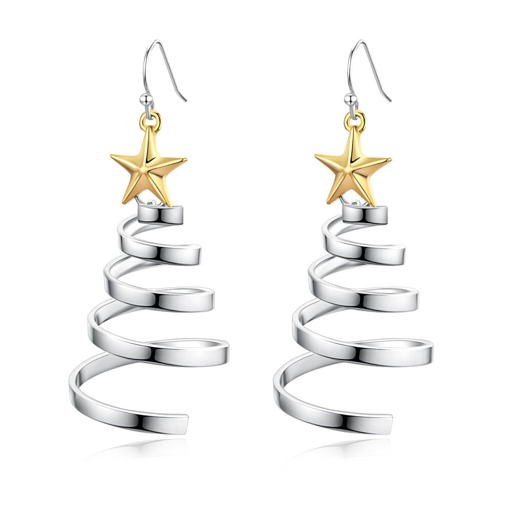 Handmade Christmas Tree Pendant Hoop Earrings - Gold & Silver Two-Tone, Women's Holiday Jewelry for Thanksgiving & Christmas Party Accessories