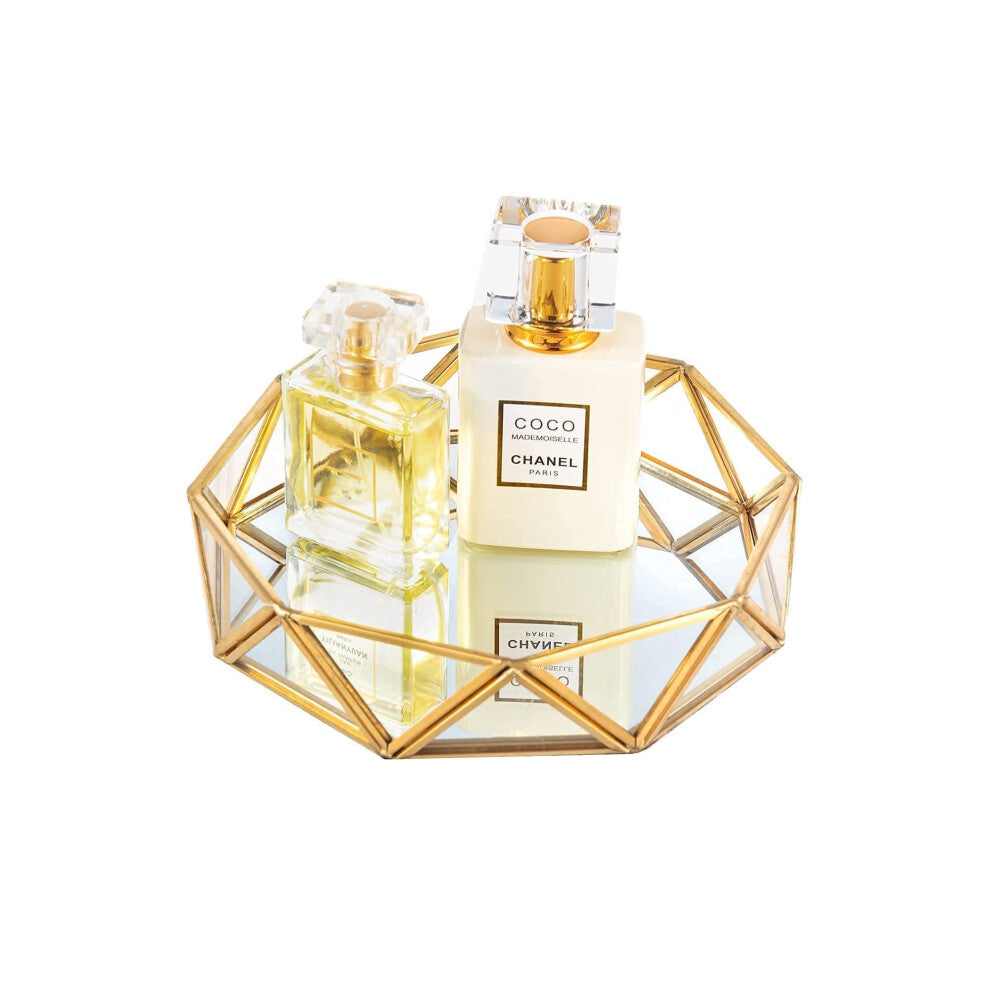 Feyarl Gold Mirrored Ornate Cosmetic Tray - Makeup & Jewelry Organizer, Perfume Display, Decorative Tabletop Tray (7 Inch-18cm)