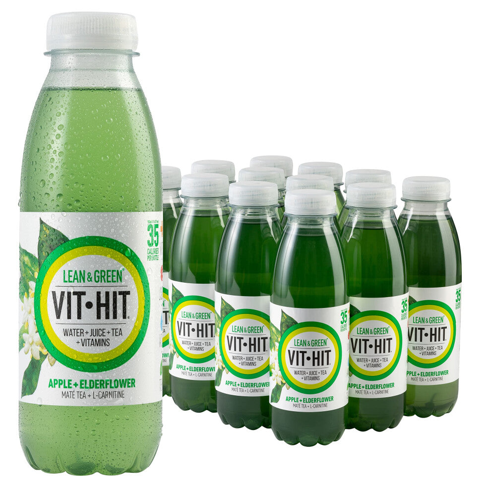 VIT HIT Lean & Green - 12 x Apple + Elderflower + Mate Tea + L-Carnitine | Vegan, Low Sugar, Low Calories, Vitamin Drink | 100% RDA of 8 Vitamins