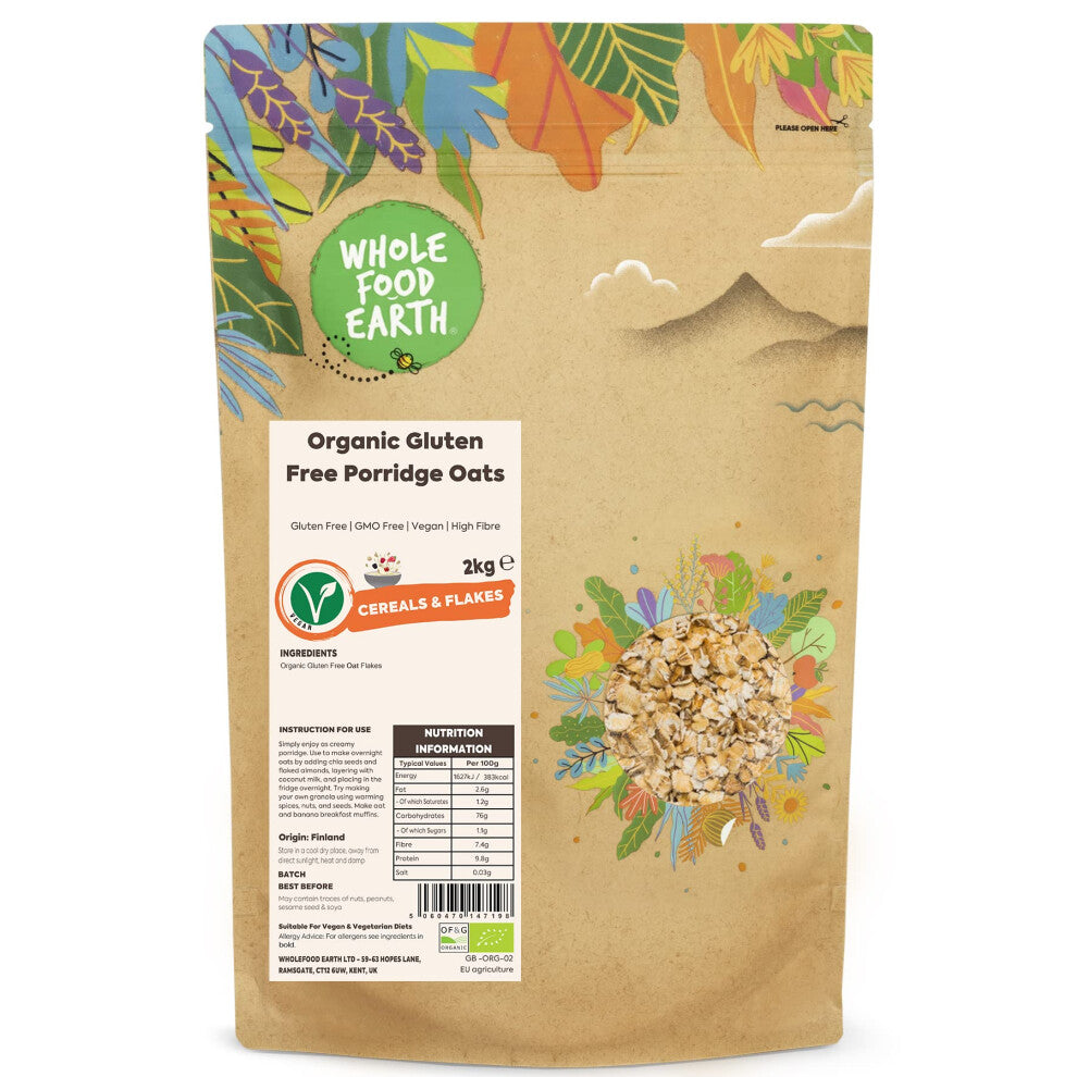 Wholefood Earth Organic Gluten Free Porridge Oats ? 2 kg | GMO Free | Vegan | High Fibre | Certified Organic