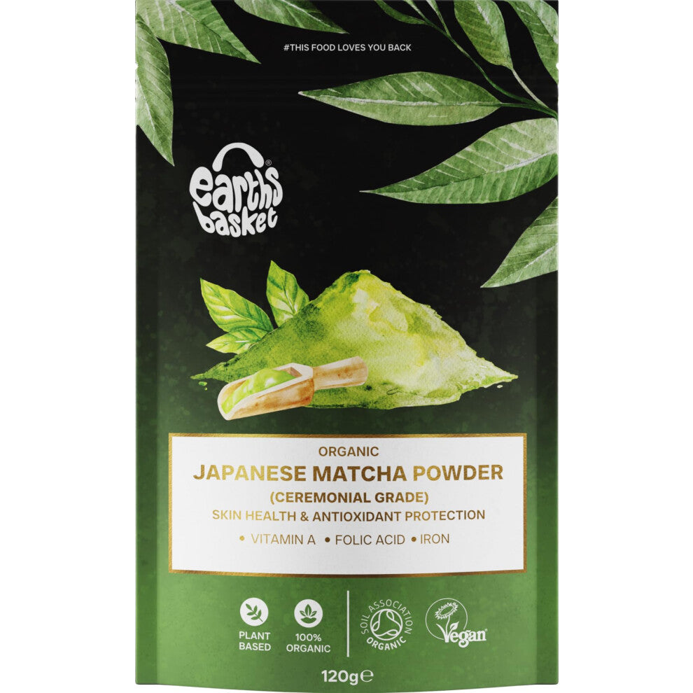 Earths Basket Organic Japanese Matcha Powder (Ceremonial Grade 120g) Uji Kyoto - 100% Pure, Antioxidant-Rich, Supports Skin Health & Immunity with