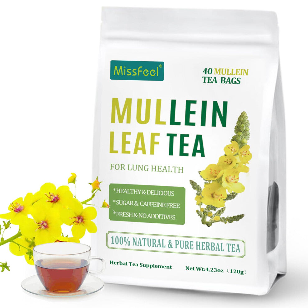 Mullein Leaf Tea Bags for Respiratory, Organic Mullein Tea for Lung, Natural Herbal Tea Better Lungs Detox, Caffeine-free, Sugar-free (40 Bags 120g)