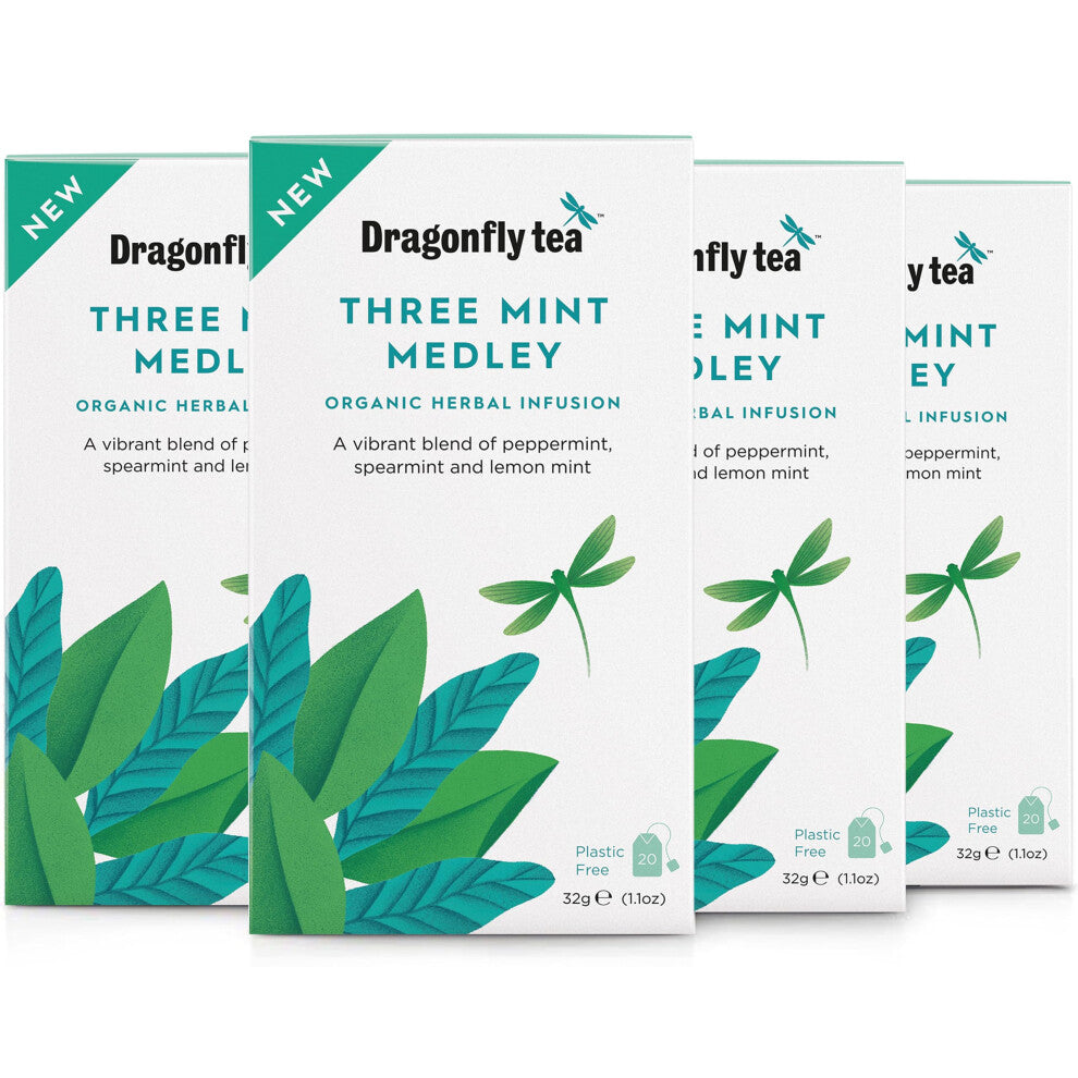 Dragonfly Three Mint Medley Tea, 4 x 20 Organic Tea Bags (80 Teabags), Cool & Aromatic Spearmint, Lemon Mint & Peppermint Tea Bags, Invigorating
