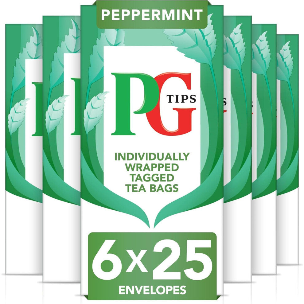 PG Tips | Peppermint Tea Bags Bulk | Individually Wrapped Tea Bags | String & Tagged | Refreshing & Minty Taste | 6 Packs | 150 Plant Based
