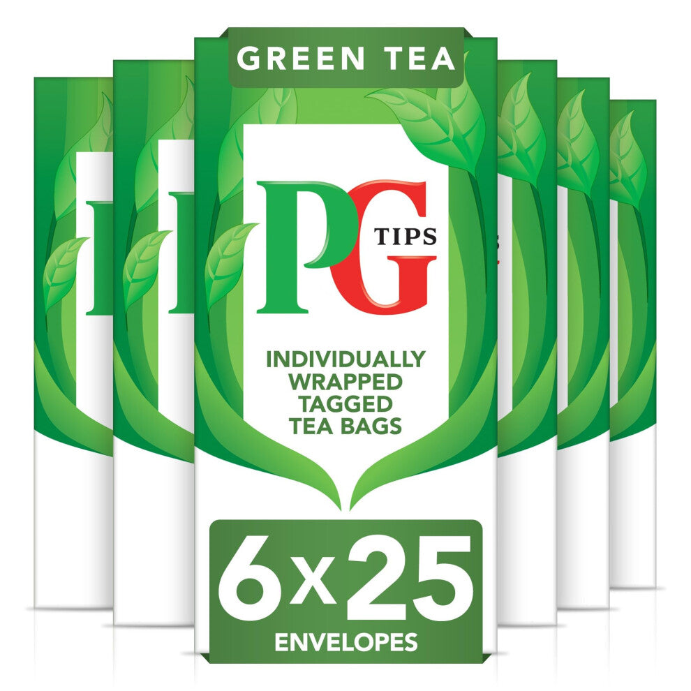 PG Tips | Green Tea Bags Bulk | Individually Wrapped Tea Bags | String & Tagged | Smooth & Refreshing | 6 Packs | 150 Plant Based Biodegradable