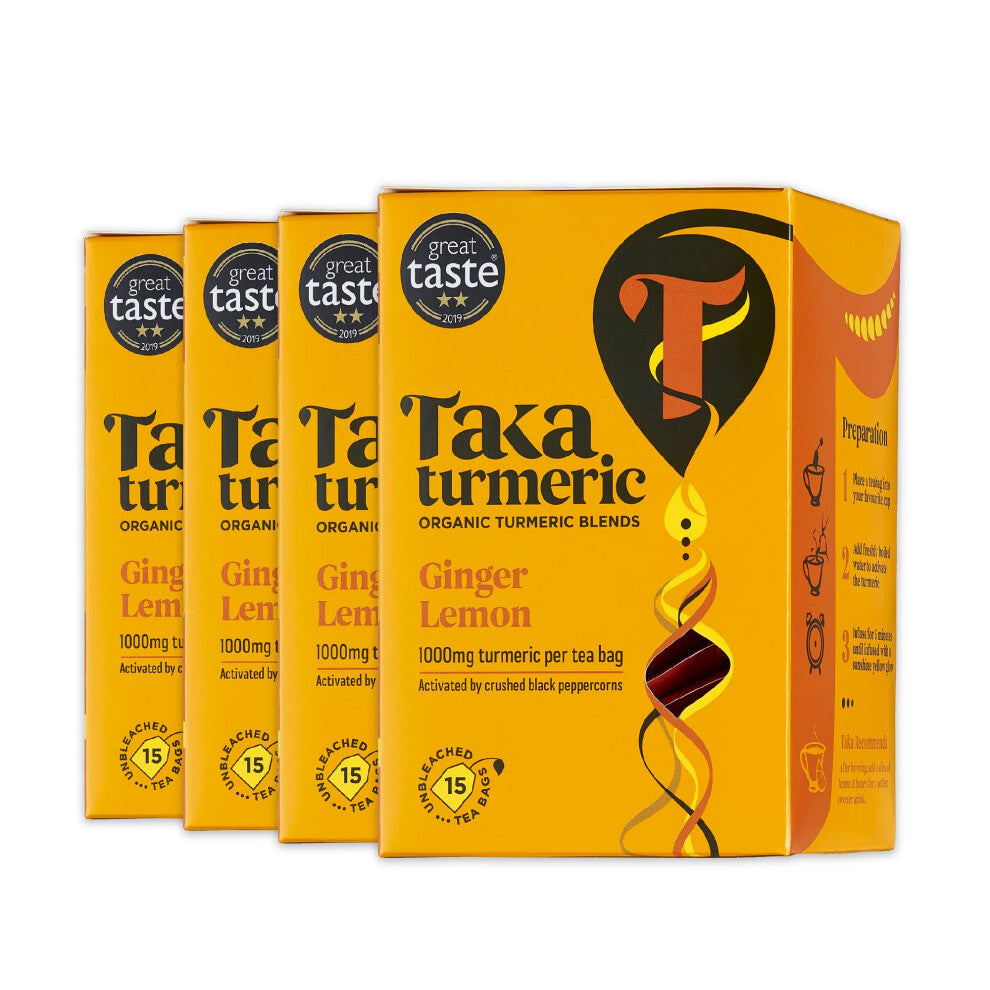 Taka Turmeric, 4 pack (60 Teabags) Organic Lemon and Ginger Tea Bags with Turmeric & Black Peppercorns, Turmeric Tea, Caffeine Free Fruit Tea, Detox