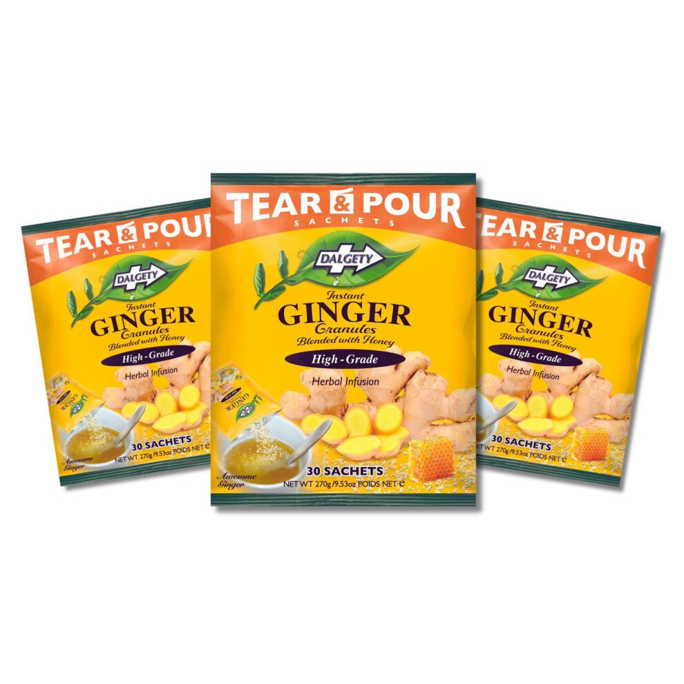 Dalgety Instant Ginger Herbal Tea (Blended with Honey granules) 100% Natural. Tear & Pour Sachets (3 Pack Bags - Total 90 sachets) 810g